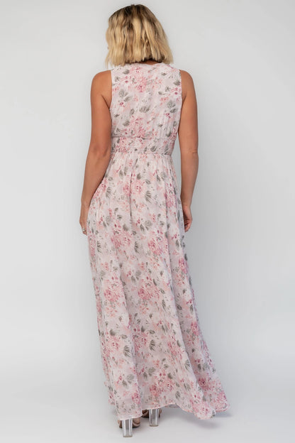 Soft A-Line V-Neck Sleeveless Plain-Back Floor-Length Floral Mother Of Bride Dress
