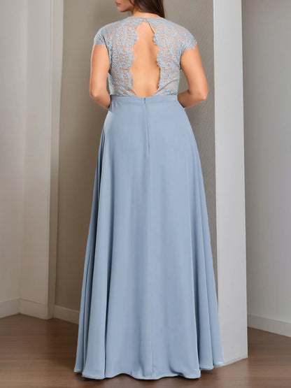 Back view RoselleDress light blue curvy chiffon dress sheer lace cutout open back cap sleeve wedding maxi dress