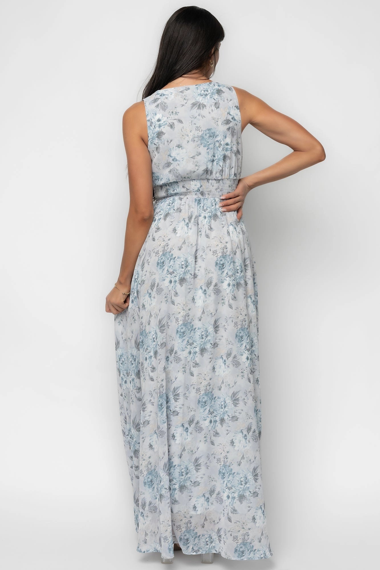 Roselledress grey blue flower print long gown solid plain back elastic waist rear shot