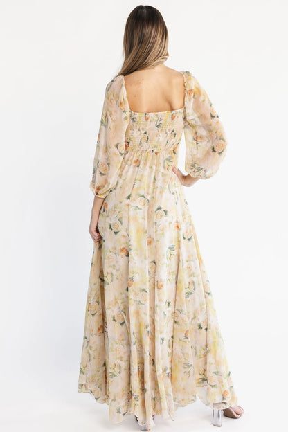 back view pale floral chiffon long dress smocked elastic open back wedding guest outfit
