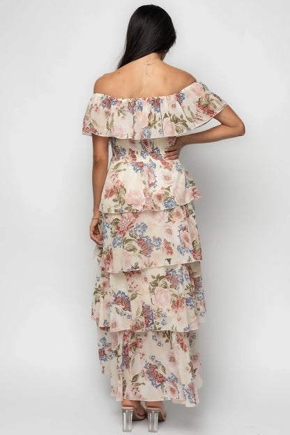 Romantic Tiered Off-Shoulder Short-Sleeve Solid-Back Floor-Length Floral Plus Size Mother Of Bride Dress