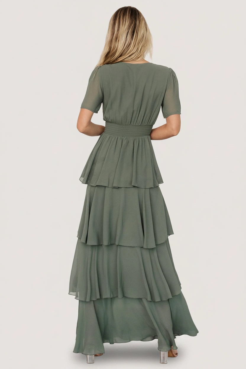 back view roselledress sage green tiered maxi dress smocked waist chiffon wedding guest gown