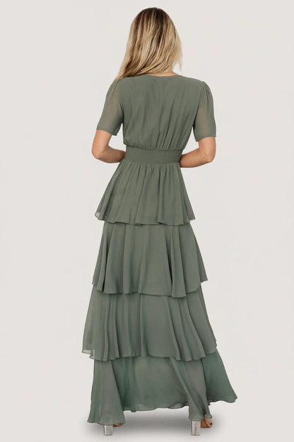 back view roselledress sage green tiered maxi dress smocked waist chiffon wedding guest gown