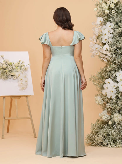 Model wearing roselledress sage‑green bridesmaid dress square back invisible zipper rear view