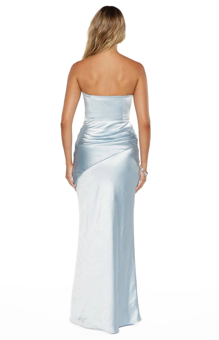 RoselleDress icy blue fitted satin strapless open back long formal evening gown