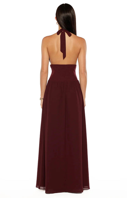 Back view RoselleDress burgundy halter tie back chiffon gown open back long wedding guest bridesmaid dress