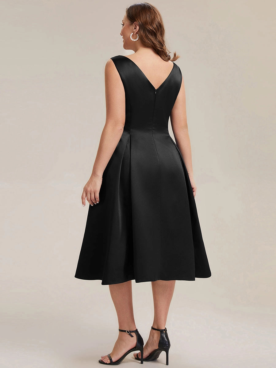 roselledress curvy black satin midi dress deep v back zipper a line cocktail dress