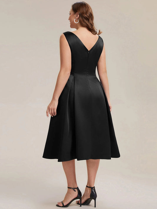 roselledress curvy black satin midi dress deep v back zipper a line cocktail dress