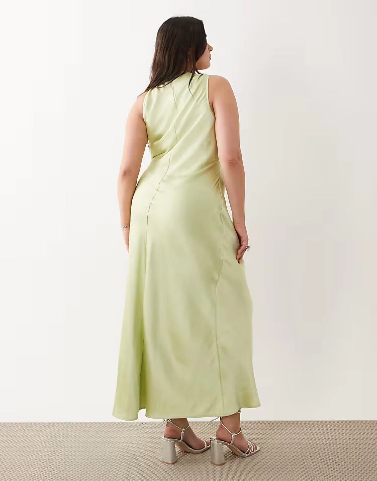 Back view of roselledress light lime satin bias‑cut seam‑detail plus size midi formal wedding guest gown