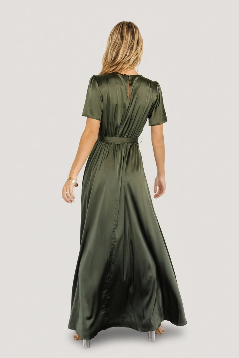 back view olive silky satin wedding guest dress keyhole back zip long evening dress