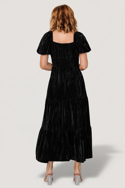 Roselledress velvet formal midi dress smocked square back tiered skirt mother gown rear view
