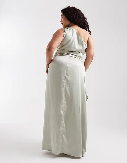 Back view of roselledress muted sage one‑shoulder satin draped waist ruched plus size formal evening maxi gown