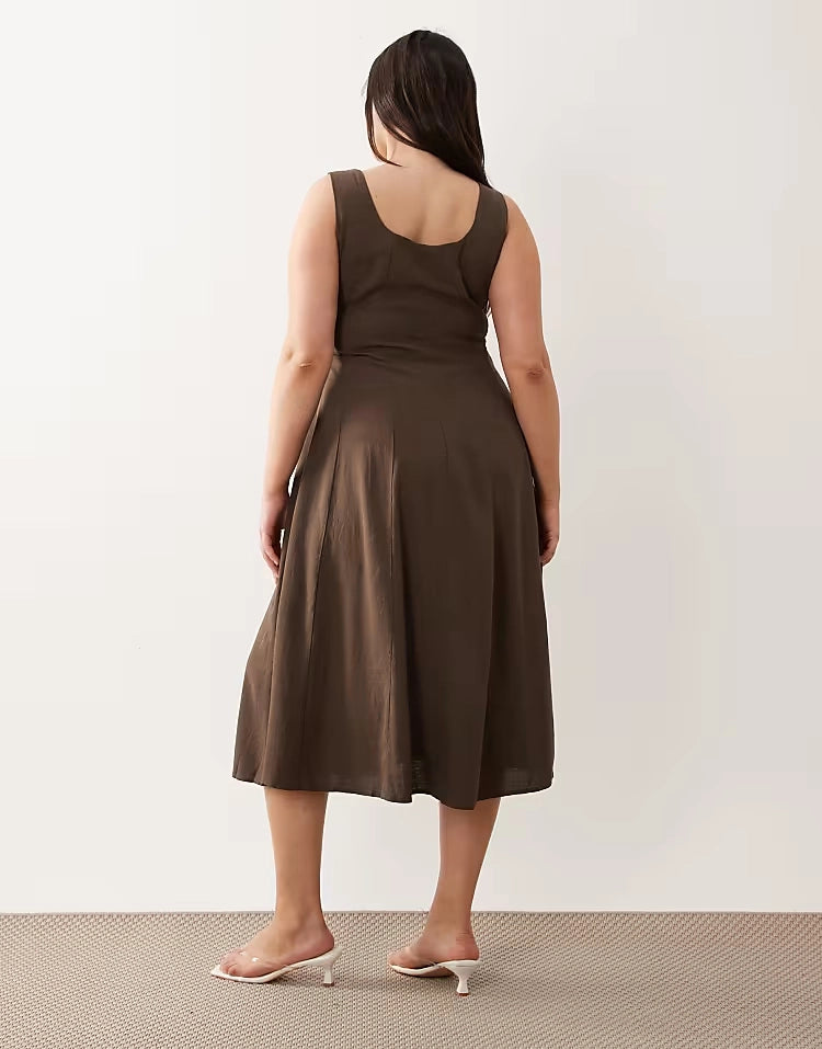 Back view of roselledress earth brown square‑back A‑line woven plus size casual formal midi gown