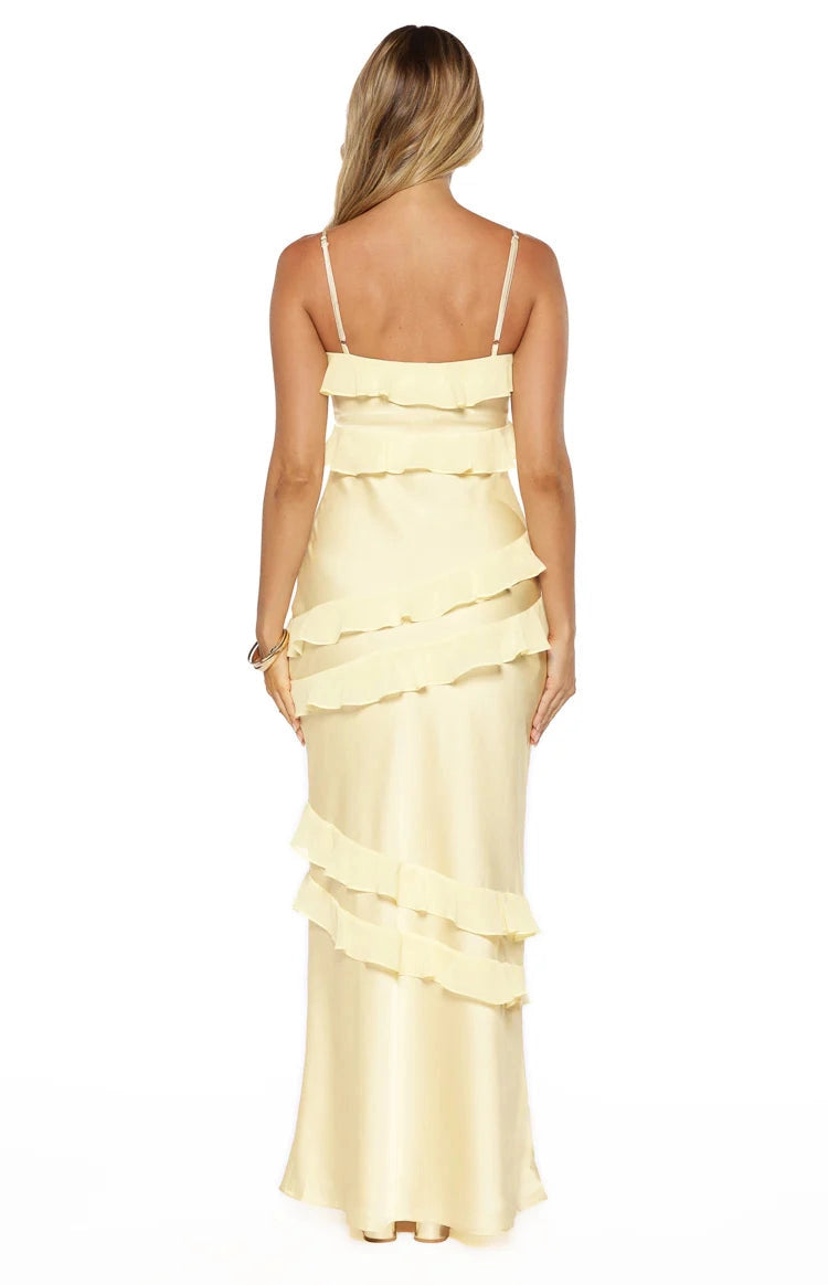 RoselleDress cream satin tiered ruffle open back long wedding guest formal gown