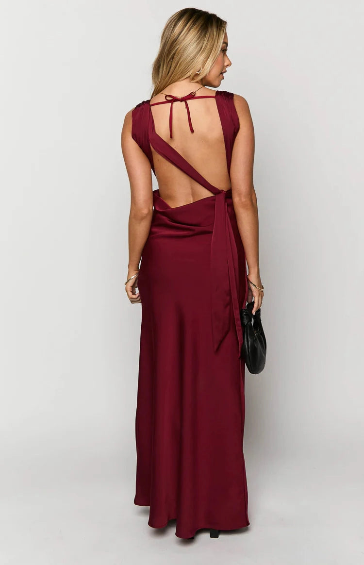 Burgundy Sheath Square Cowl Strap Cross Tie Back Long Prom Dress