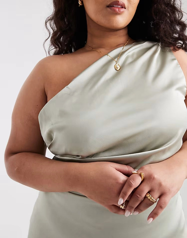 One‑Shoulder Draped Satin Ruched Waist Wrap‑Front Split Maxi Plus Size Wedding Guest Dress