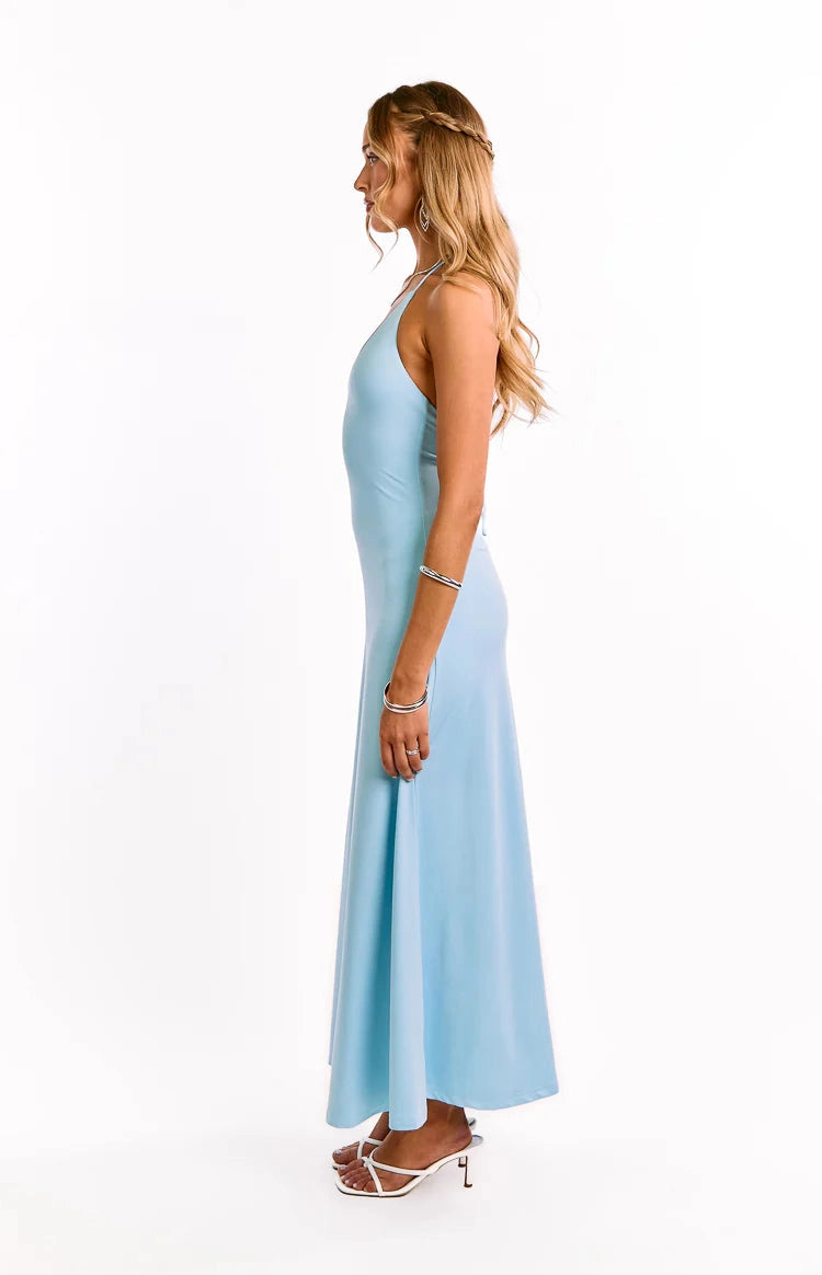 Light Blue A-Line Deep V Halter Tie Back Long Prom Dress