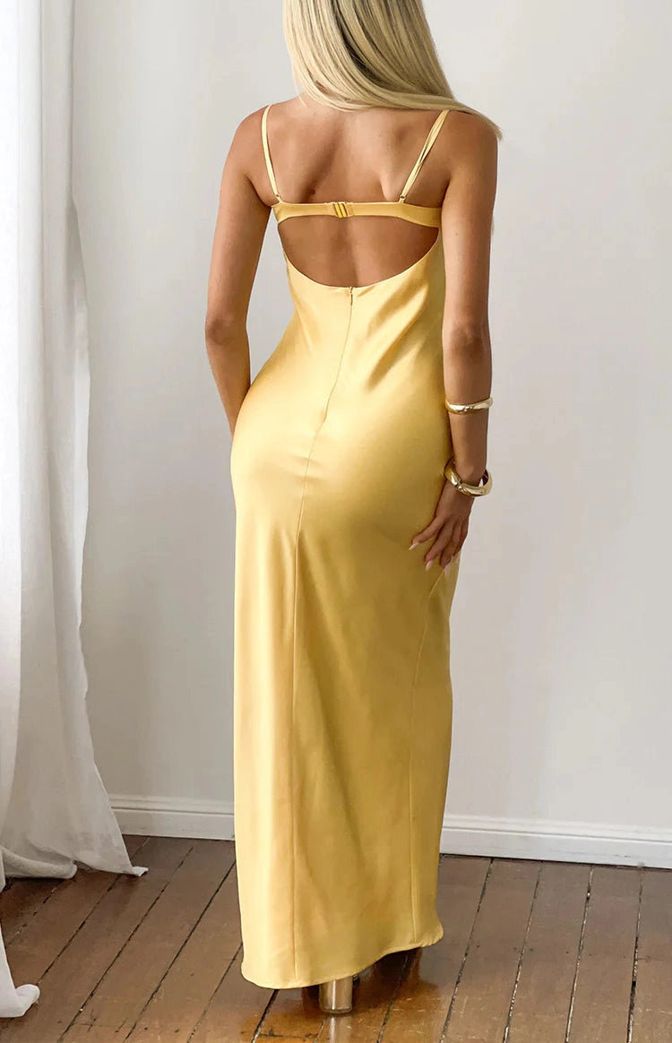 Roselle Dress yellow formal slip dress adjustable strap open back rear view wedding guest maxi dress