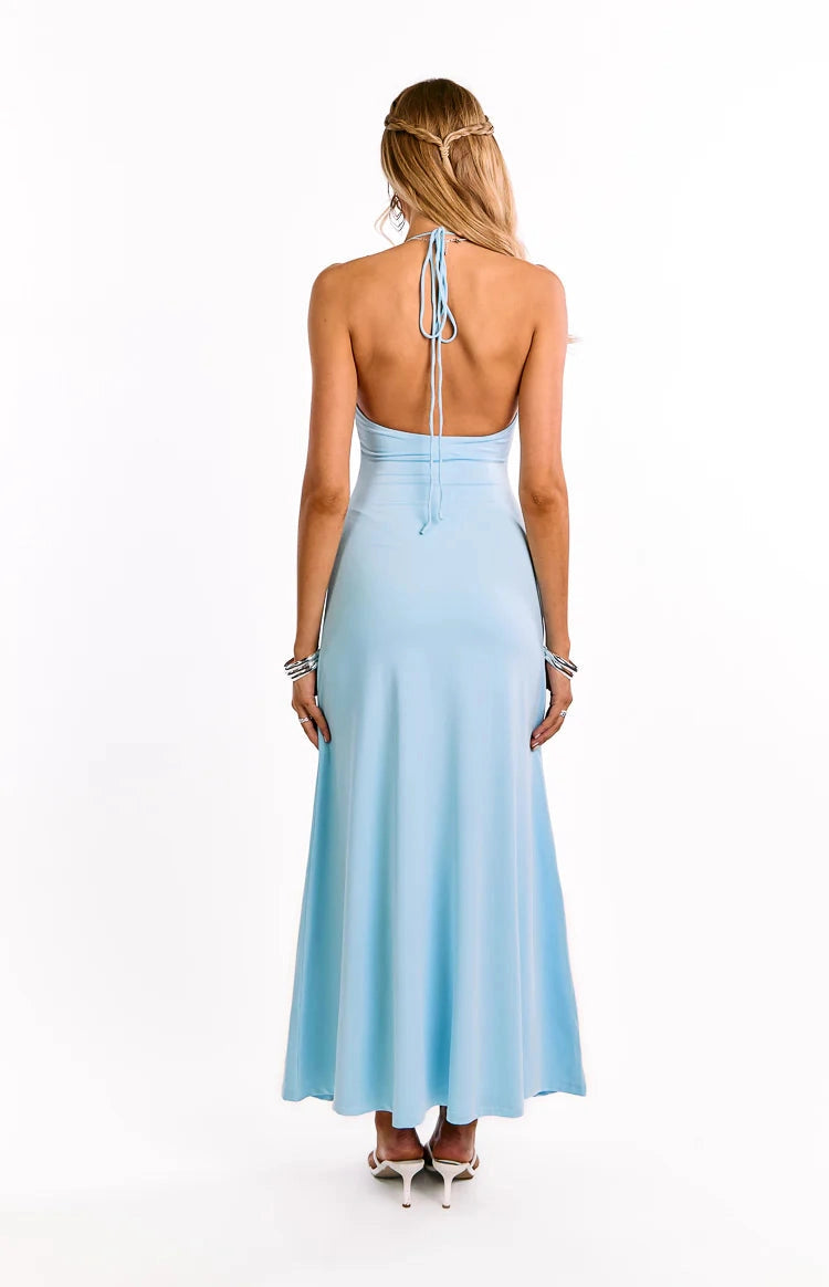 RoselleDress tie open back light blue stretch knit maxi gown halter neck back view