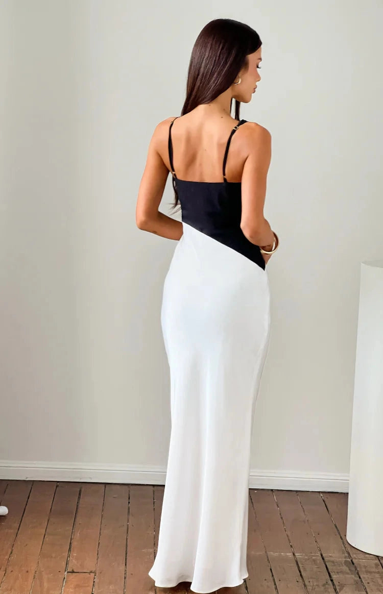 RoselleDress plain open back black white colorblock maxi gown adjustable spaghetti straps back view