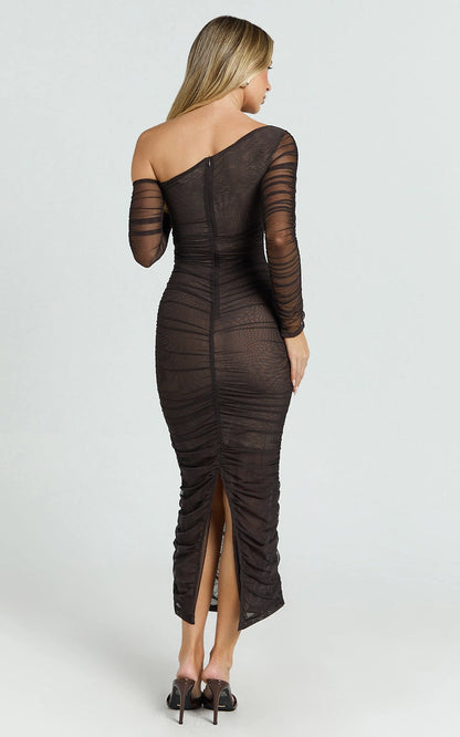 Roselledress long sleeve ruched mesh midi plus size dress back view, back slit bodycon cocktail dress