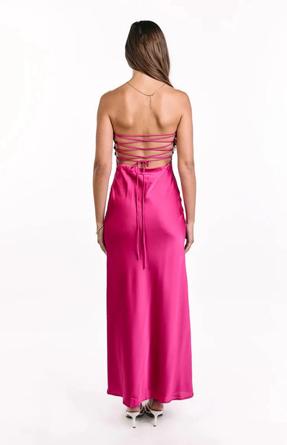 RoselleDress multi strap corset lace up open back hot pink satin maxi gown back view