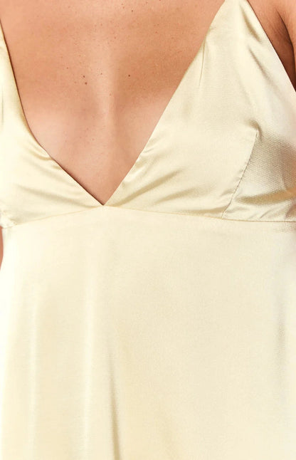 Pale Yellow A-Line V Neck Spaghetti Tie Back Midi Prom Dress