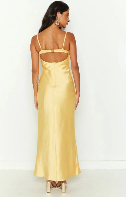 Lemon Yellow Slip Sweetheart Spaghetti Strap Open Back Long Prom Dress
