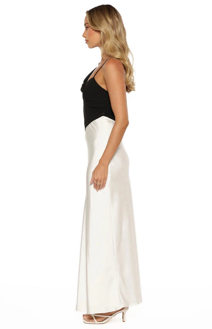 RoselleDress Black White Colorblock Asymmetrical V Neck prom Dress