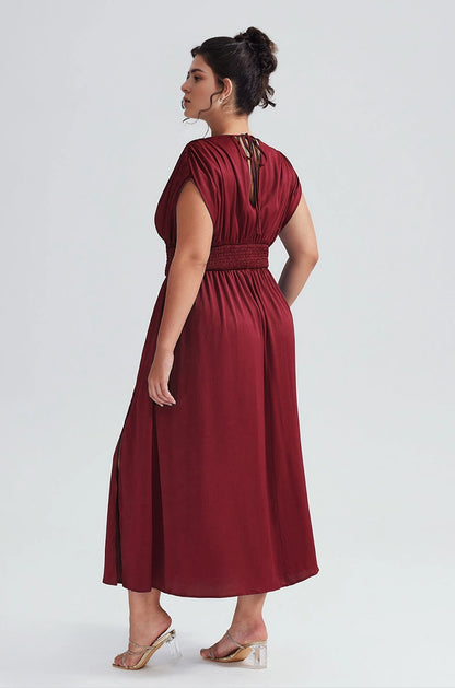 Plus Size Royal Blue A Line V Neck Cap Sleeve Tie‑Back Midi Prom Dress