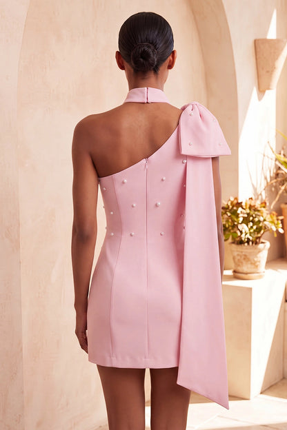 Light Blue Sheath One Shoulder Halter Plain Back Mini Homecoming Dress