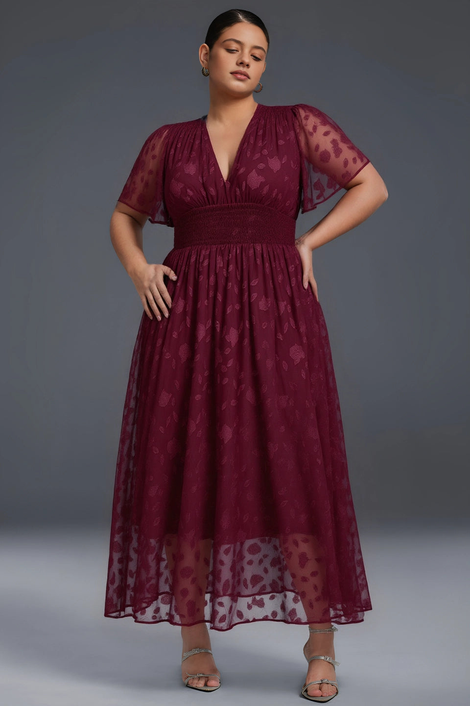 roselledress burgundy plus size midi dress v neck flutter sleeve floral flocked mesh wedding guest gown