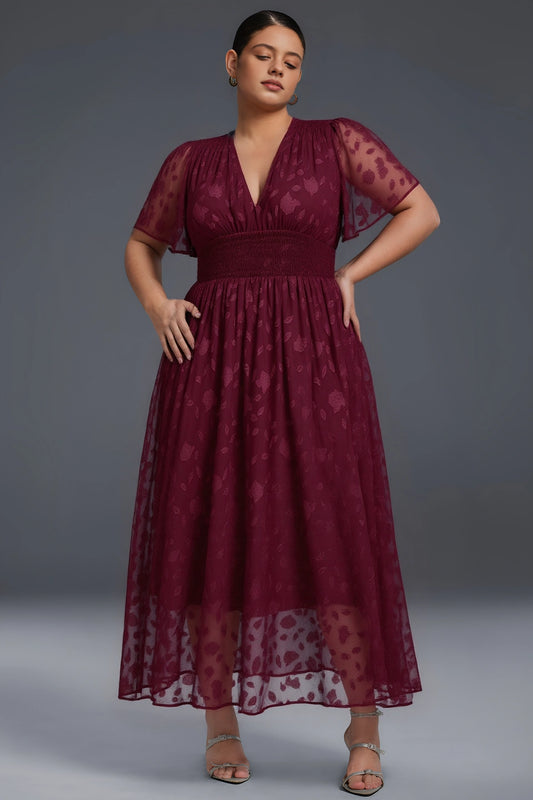 roselledress burgundy plus size midi dress v neck flutter sleeve floral flocked mesh wedding guest gown