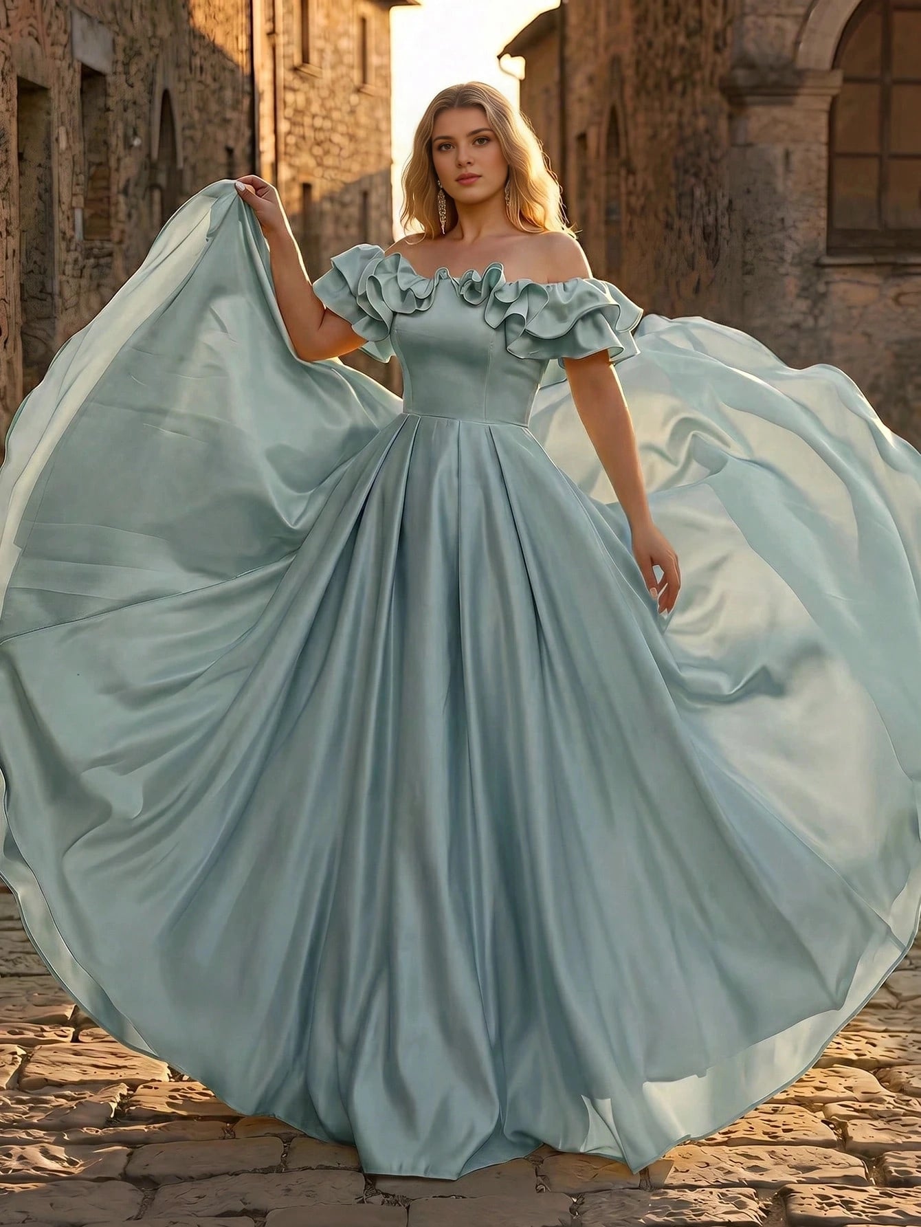 Plus Size Yellow A‑Line Off‑The‑Shoulder Ruffle‑Sleeve Corset‑Back Floor‑Length Prom Dress