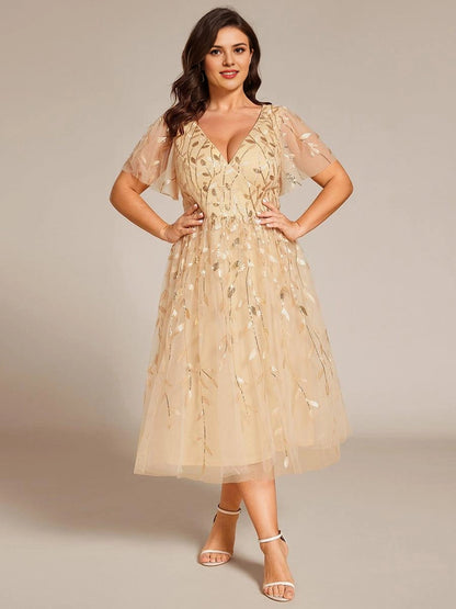 Roselledress Burgundy Leaf Sequin V-Neck Flutter Sleeve Zip Back Midi Plus Size Weeding Guest Dress