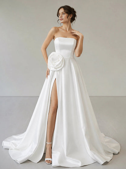 Roselledress Structured Satin Aline Strapless Floral Corset LaceUpBack Train Plus Size Prom Dress