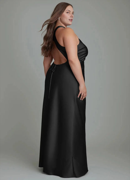 Chocolat Plus Sizee Satin Mermaid Halter Sleeveless Open Back Maxi Bridesmaid Dress