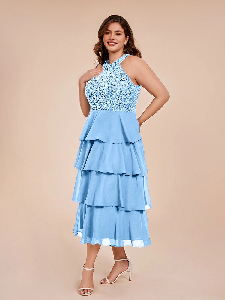 elegant a‑line halter sleeveless tie‑back midi plus size wedding guest dress