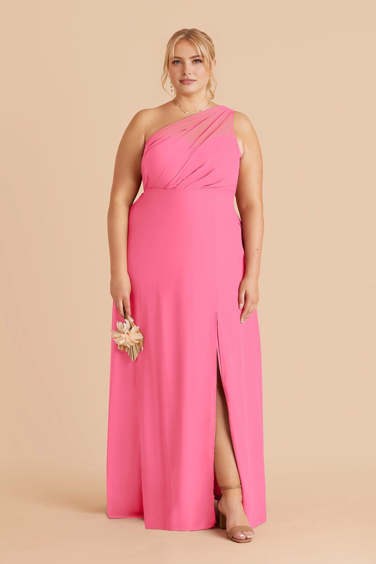 Flowy Chiffon A‑Line One‑Shoulder Sleeveless Mesh Back Slit Maxi Plus Size Bridesmaid Dress