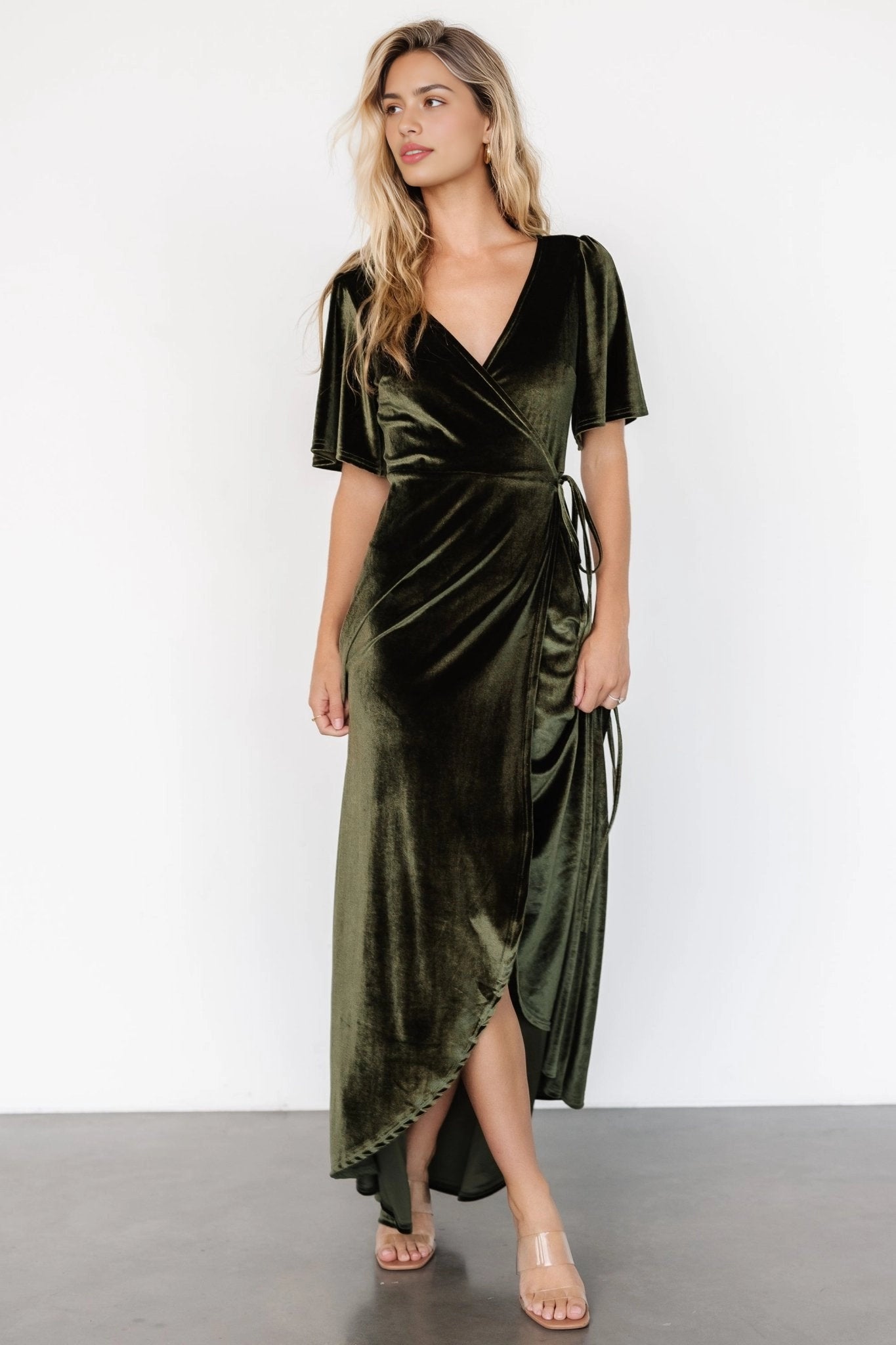 Soft A‑line V‑Neck Flutter Sleeve Closed‑Back Maxi Mother Of Bride Dress