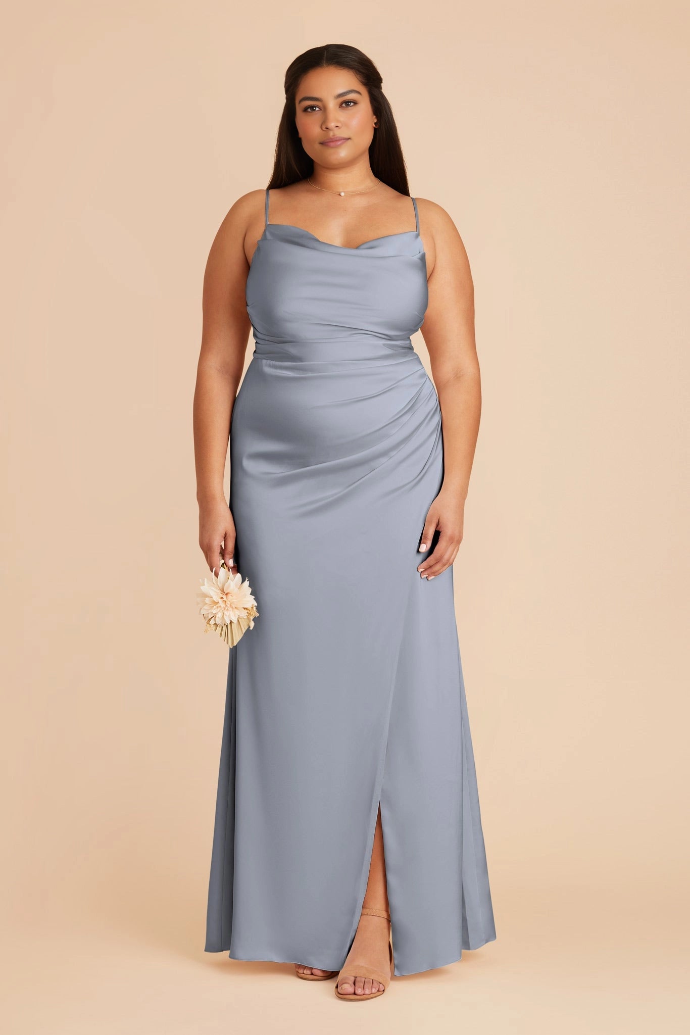 Elegant Satin Sheath Cowl Neck Spaghetti Strap Zipper Back Floor Length Plus Size Bridesmaid Dress