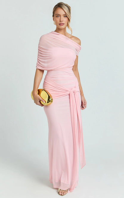 Romantic Mermaid One Shoulder Mesh Short Sleeve Open Back Tie Waist Plus Size Maxi Wedding Guest Dress
