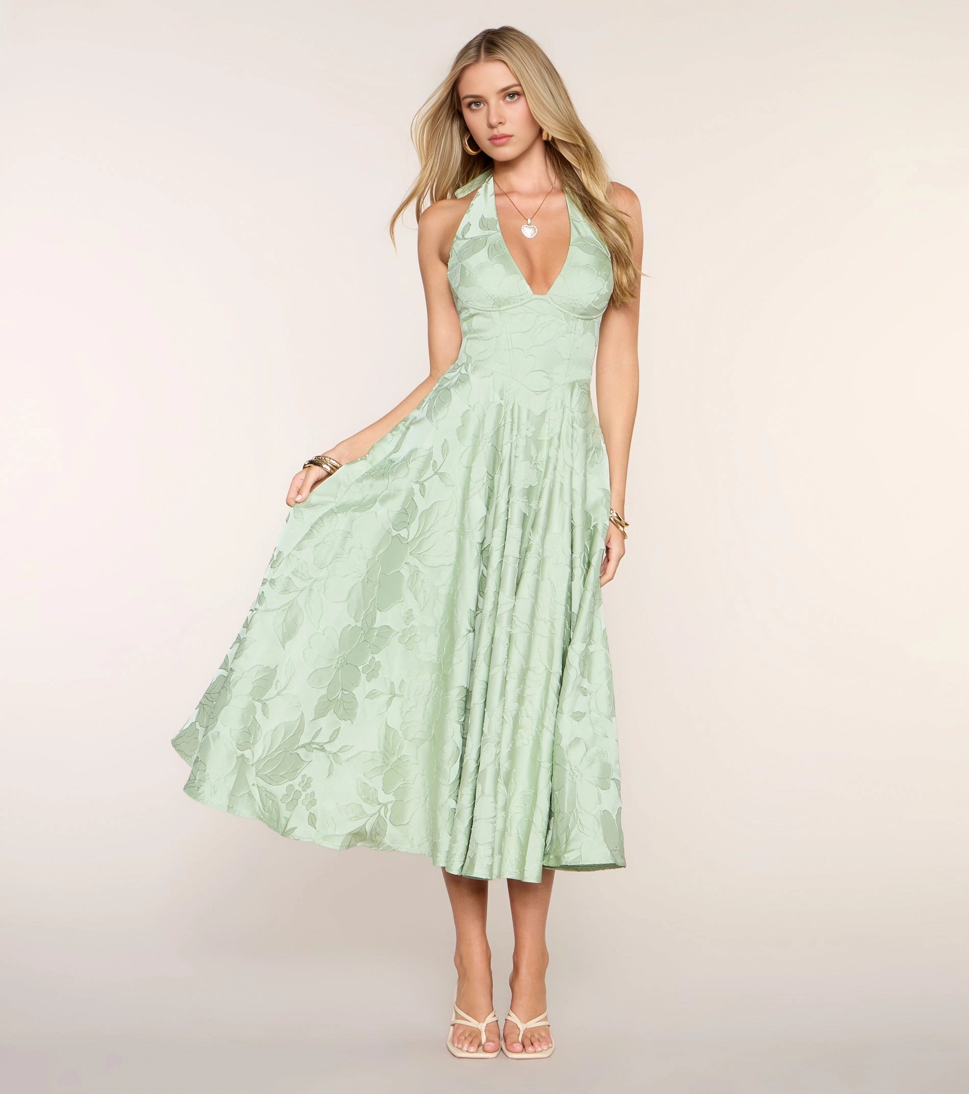 roselledress sage green floral jacquard halter midi dress deep v a line tea party gown
