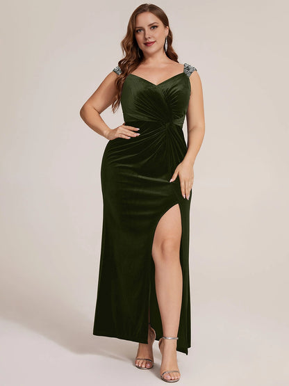Glam Mermaid V-Neck Beaded Strap Zipper Back Slit Floor-Length Plus Size Prom Dress