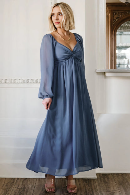 Flowy Midi V-Neck Twist Long Sleeve Smocked-Back Mother Of Bride Dress
