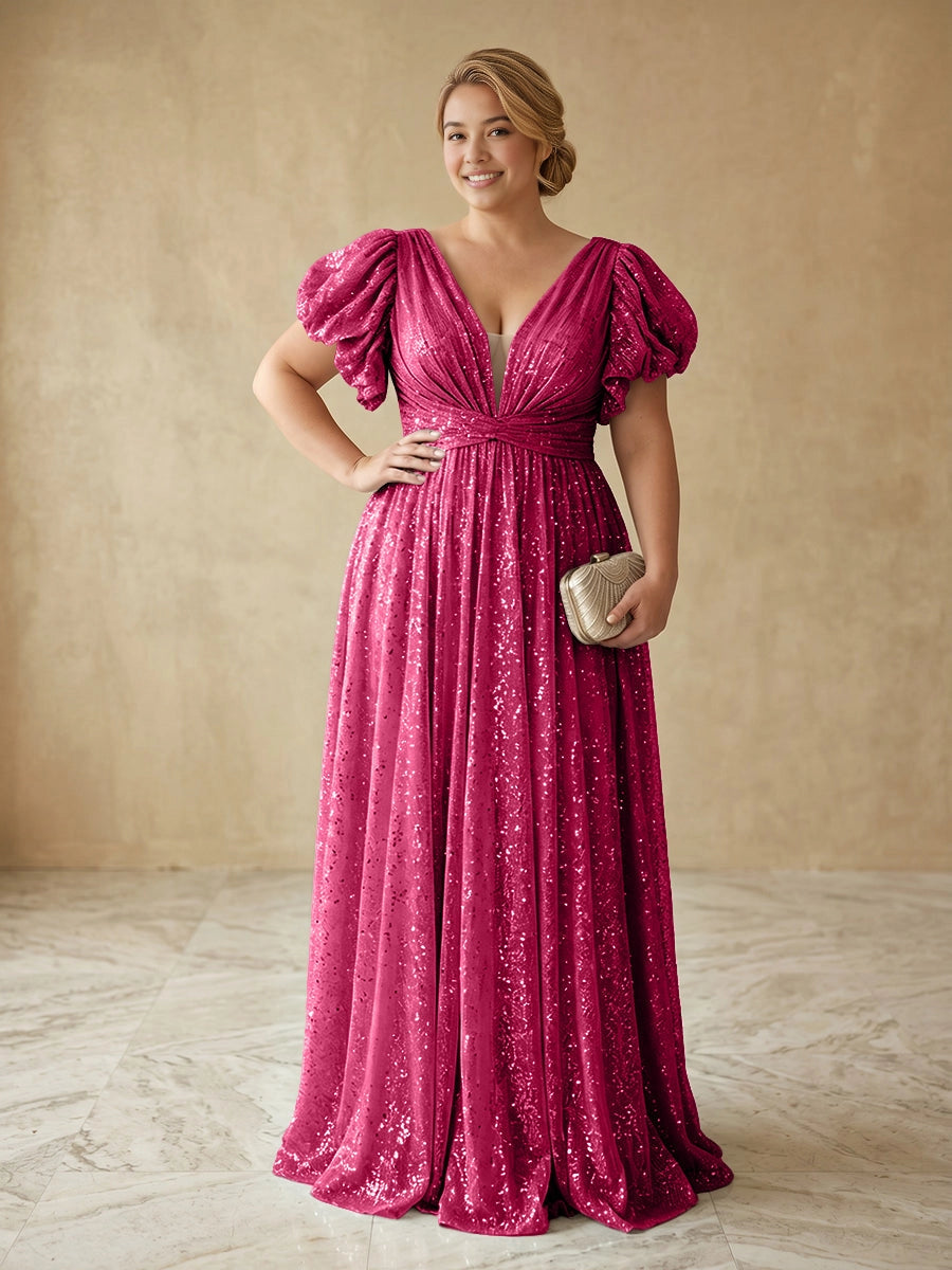 Glamorous A-Line Deep V Puff Sleeve V-Back Floor Length Plus Size Prom Dress