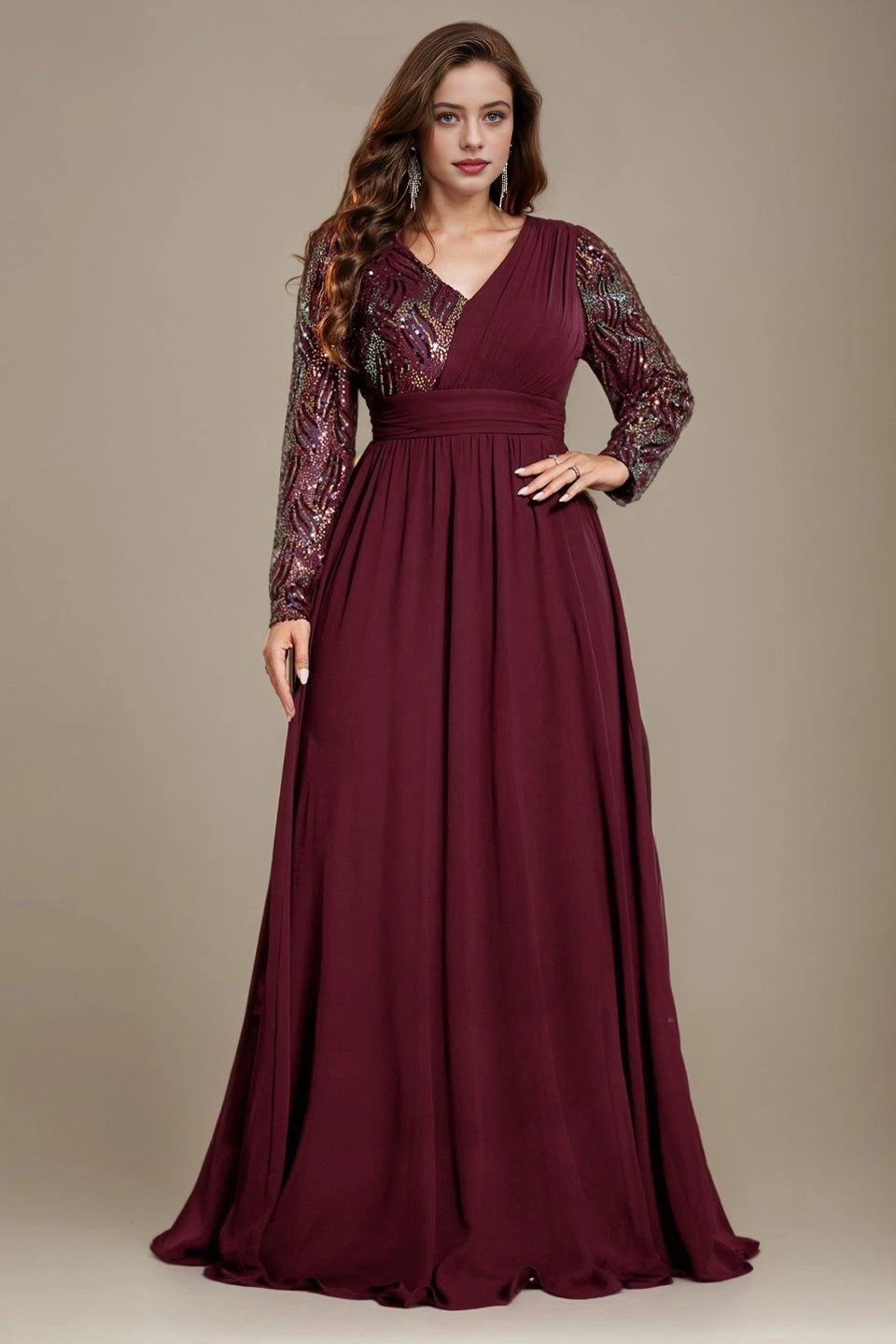 Elegant A-Line V-Neck Long-Sleeve Zip-Back Floor-Length Plus Size Mother Of Bride Dress