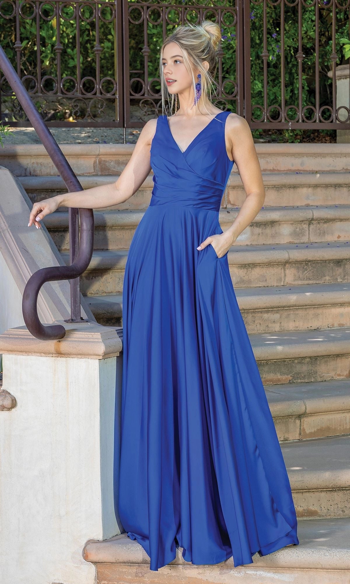 Flowy A Line V Sleeveless Lace Up Back Maxi Prom Dress
