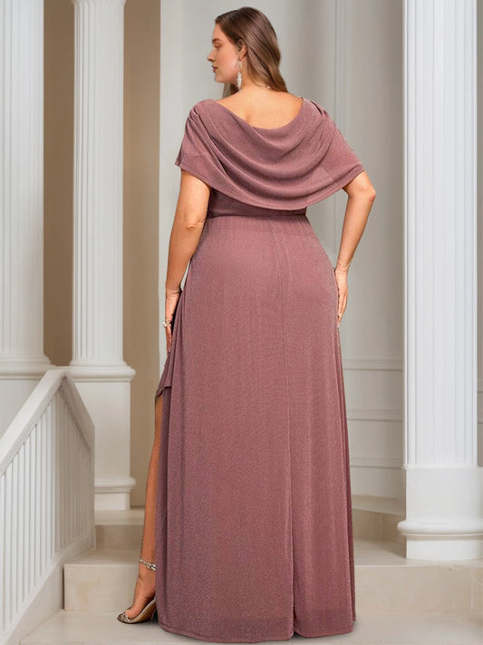 Dusty rose plus size evening gown back view, cowl back neck, center back zipper, draped short sleeves and long skirt
