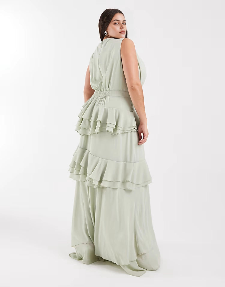 Roselledress plus size sage green tiered maxi bridesmaid dress elastic smocked back detail back view
